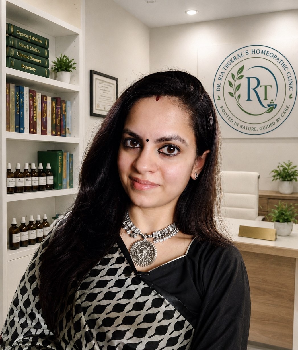 Dr. (Prof.) Ria Thukral Peetla, BHMS, MD (Hom), at her homeopathic clinic with her reference library and clinic seal